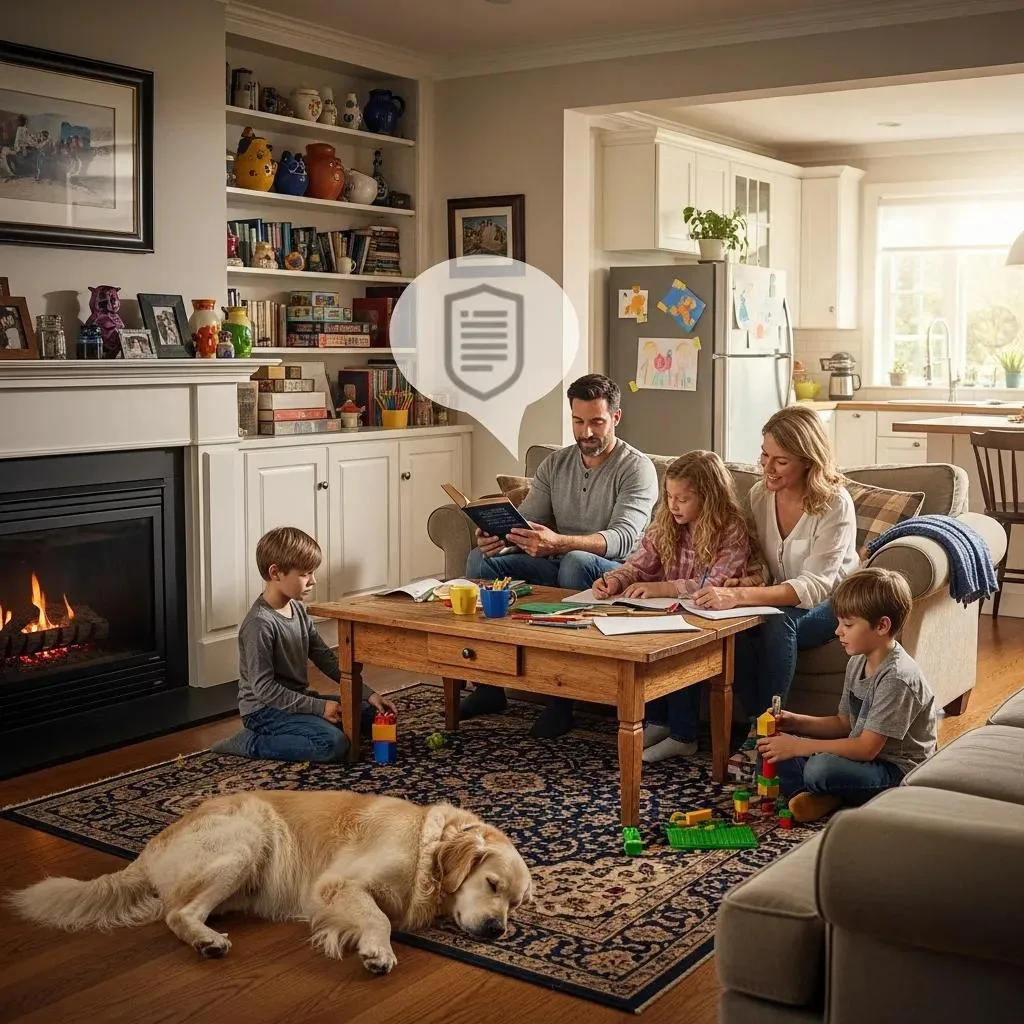 Family engaging in activities at home, surrounded by toys and a dog, representing stability and the importance of family life in discussions about bankruptcy exemptions and financial security.