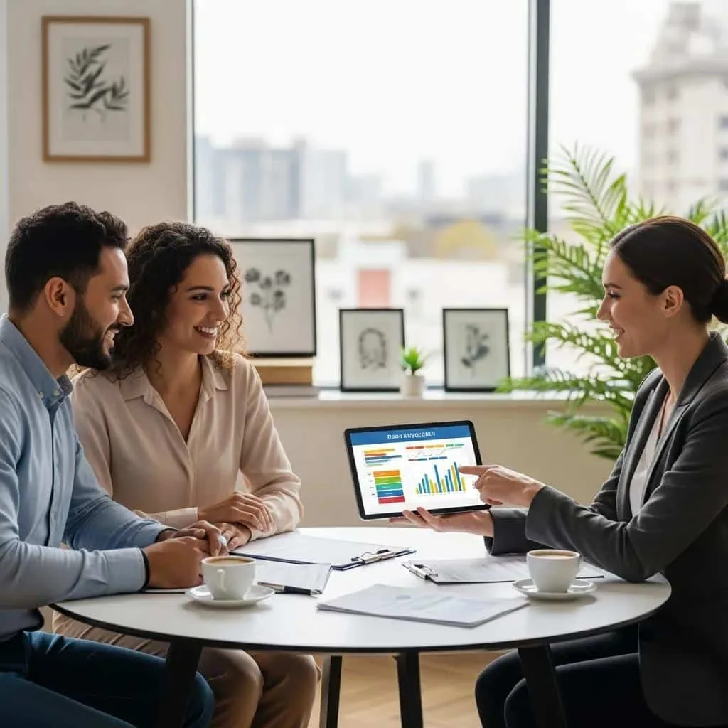 Couple discussing financial recovery options with an advisor, reviewing Chapter 13 bankruptcy benefits and repayment plans, in a modern office setting.