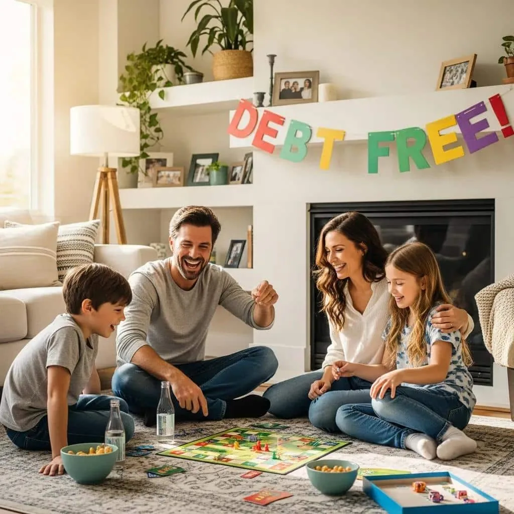 Joyful family celebrating debt-free status in a cozy living room, playing a board game with snacks, and a colorful "DEBT FREE!" banner in the background, illustrating the positive outcomes of Chapter 7 bankruptcy.